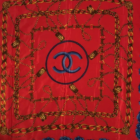 1990s Chanel Blue Silk Scarf with Flower and Chain Details - Picture 2 of 6